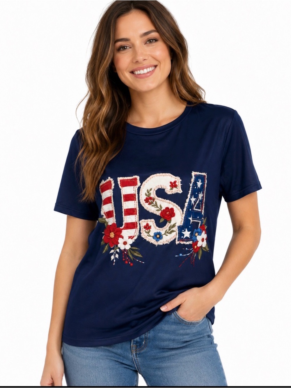 💥3/$15💥 USA Floral Applique Navy Blue Short Sleeve Top